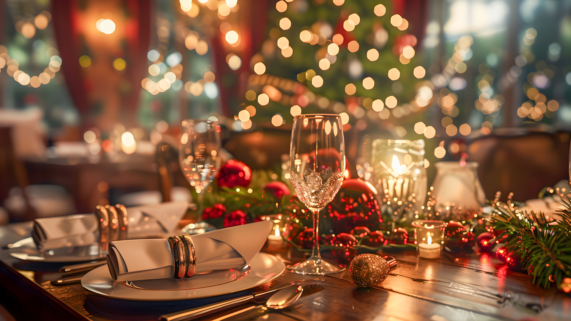 Festlich gedeckter Tisch im HUB Erle mit Weihnachtsdekoration, Gänsebraten, Rotkohl und Kerzenschein – Weihnachtsbuffet 2025 im Münsterland Dorf Erle